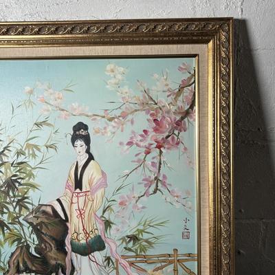 LOT 382: Home Decor Geisha Girl Print on Canvas & Set of 3 Round Japanese 3D Art Shadow Boxes