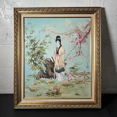 LOT 382: Home Decor Geisha Girl Print on Canvas & Set of 3 Round Japanese 3D Art Shadow Boxes