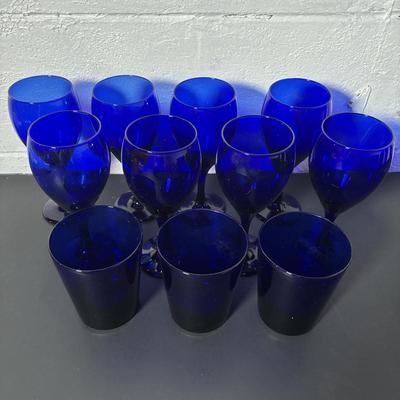 LOT 392: Cobalt Blue Wine/Water Goblets & More