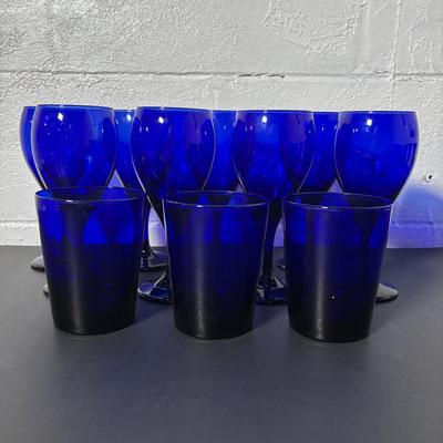 LOT 392: Cobalt Blue Wine/Water Goblets & More