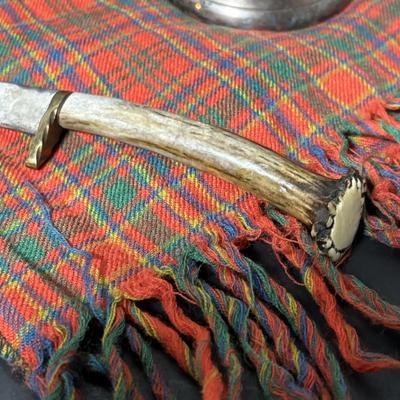 LOT 394: Lochcarron Made in Scotland Munro Scarf, Claddagh Tankard/Mug, Single Edge Knife w/Antler Handle & More