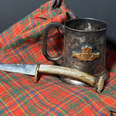 LOT 394: Lochcarron Made in Scotland Munro Scarf, Claddagh Tankard/Mug, Single Edge Knife w/Antler Handle & More