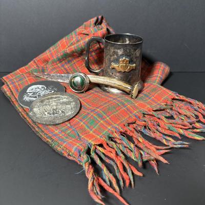 LOT 394: Lochcarron Made in Scotland Munro Scarf, Claddagh Tankard/Mug, Single Edge Knife w/Antler Handle & More