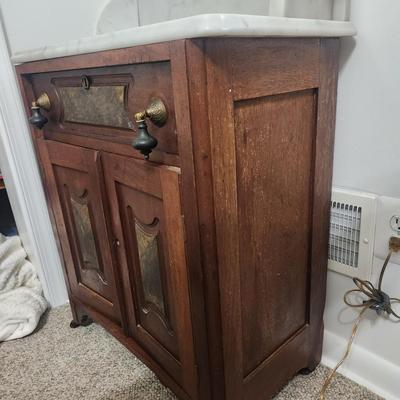 Antique Marble Top Dry Sink Washstand Cabinet on Casters 25x13x36