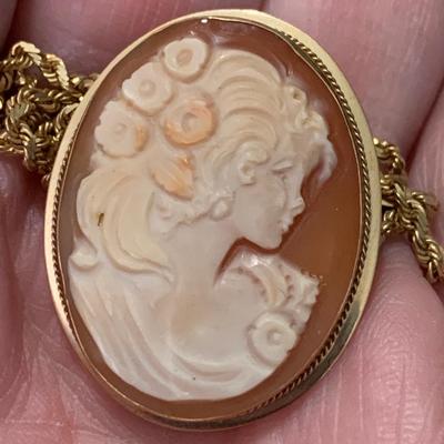 Estate Cameo in 14k Yellow Gold Pendant & 24” Necklace