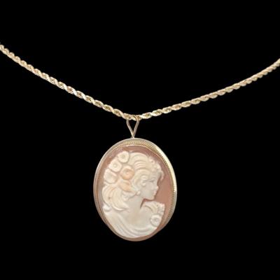 Estate Cameo in 14k Yellow Gold Pendant & 24” Necklace