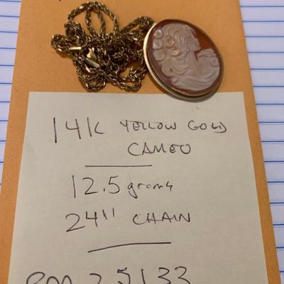 Estate Cameo in 14k Yellow Gold Pendant & 24” Necklace