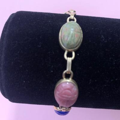 Oval Gemstone Scarab Bracelet Set In 14k Yellow Gold