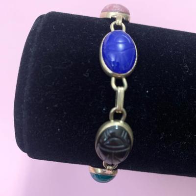 Oval Gemstone Scarab Bracelet Set In 14k Yellow Gold