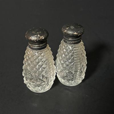 LOT 406: Weighted Sterling Silver Candle Holders & Crystal Salt/Pepper Shakers w/Sterling Silver Tops