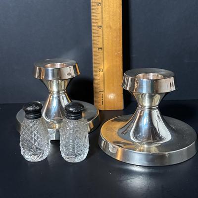 LOT 406: Weighted Sterling Silver Candle Holders & Crystal Salt/Pepper Shakers w/Sterling Silver Tops