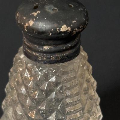 LOT 406: Weighted Sterling Silver Candle Holders & Crystal Salt/Pepper Shakers w/Sterling Silver Tops