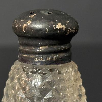 LOT 406: Weighted Sterling Silver Candle Holders & Crystal Salt/Pepper Shakers w/Sterling Silver Tops