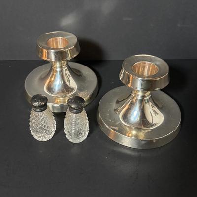 LOT 406: Weighted Sterling Silver Candle Holders & Crystal Salt/Pepper Shakers w/Sterling Silver Tops