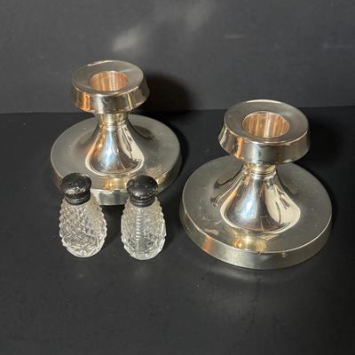 LOT 406: Weighted Sterling Silver Candle Holders & Crystal Salt/Pepper Shakers w/Sterling Silver Tops