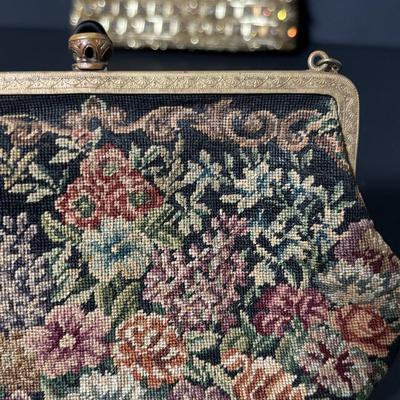 LOT 411: Vintage Ladies Purses: Draw String Beaded, Floral Petit Point Embroidery & Rhinestone/Sequence Evening
