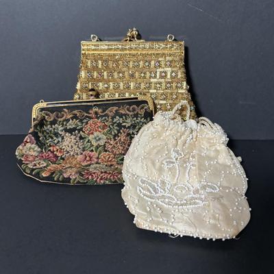 LOT 411: Vintage Ladies Purses: Draw String Beaded, Floral Petit Point Embroidery & Rhinestone/Sequence Evening