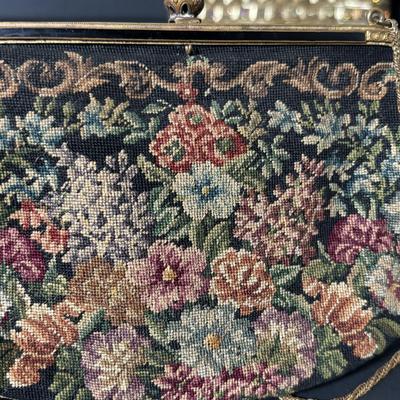 LOT 411: Vintage Ladies Purses: Draw String Beaded, Floral Petit Point Embroidery & Rhinestone/Sequence Evening