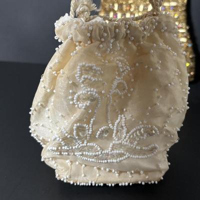 LOT 411: Vintage Ladies Purses: Draw String Beaded, Floral Petit Point Embroidery & Rhinestone/Sequence Evening