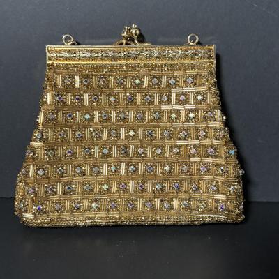 LOT 411: Vintage Ladies Purses: Draw String Beaded, Floral Petit Point Embroidery & Rhinestone/Sequence Evening