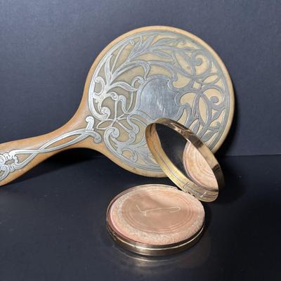 LOT 414: Vintage Art Nouveau Hand Mirror, Black Glass Atomizer w/Swans & Compact