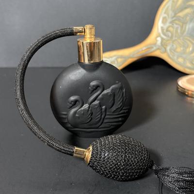 LOT 414: Vintage Art Nouveau Hand Mirror, Black Glass Atomizer w/Swans & Compact