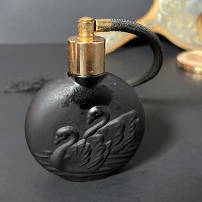 LOT 414: Vintage Art Nouveau Hand Mirror, Black Glass Atomizer w/Swans & Compact