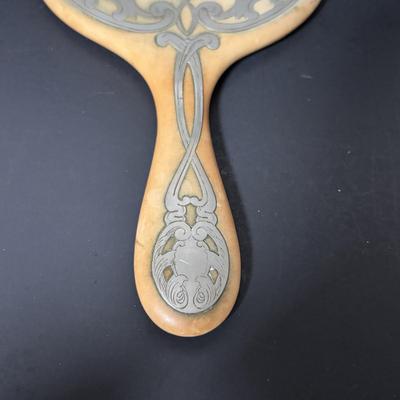 LOT 414: Vintage Art Nouveau Hand Mirror, Black Glass Atomizer w/Swans & Compact