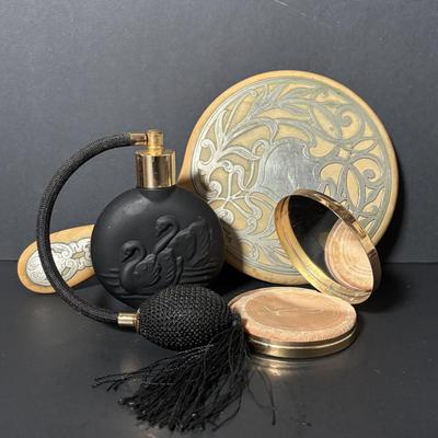 LOT 414: Vintage Art Nouveau Hand Mirror, Black Glass Atomizer w/Swans & Compact
