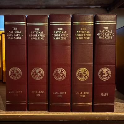 LOT 280/426: National Geographic Magazine Faux Leather Slip Cases & 3-Hardback Books