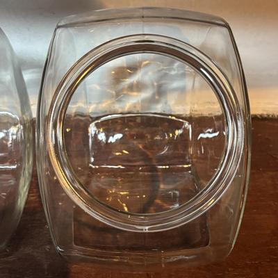 LOT 277-429: Set of Large Clear Glass Tilted Candy/Cookie Jar with Metal Lids & Red Knobs, Southern Living, Betty Crocker Cookbooks...
