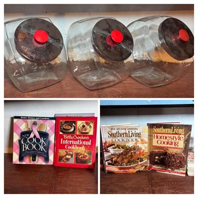 LOT 277-429: Set of Large Clear Glass Tilted Candy/Cookie Jar with Metal Lids & Red Knobs, Southern Living, Betty Crocker Cookbooks...