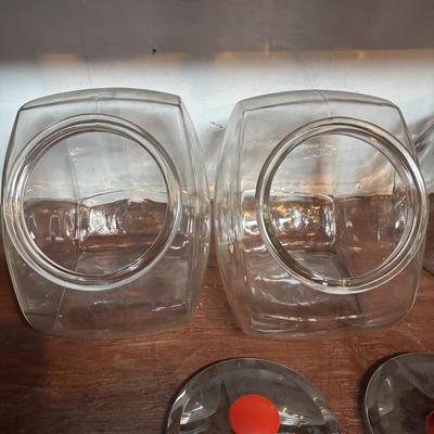 LOT 277-429: Set of Large Clear Glass Tilted Candy/Cookie Jar with Metal Lids & Red Knobs, Southern Living, Betty Crocker Cookbooks...