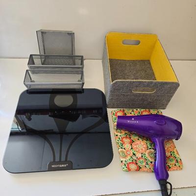 Digital bath scale, Hair dryer and assortment of small organizing baskets
