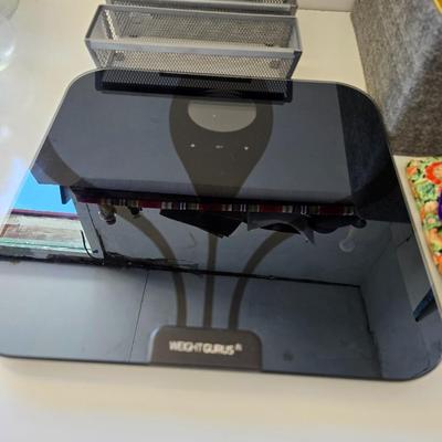 Digital bath scale, Hair dryer and assortment of small organizing baskets