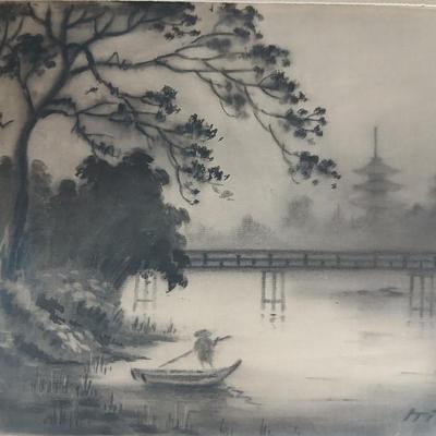 Vintage Japanese Ink Wash Painting on Rice Paper – Signed “Kitano”