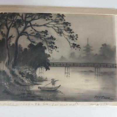 Vintage Japanese Ink Wash Painting on Rice Paper – Signed “Kitano”