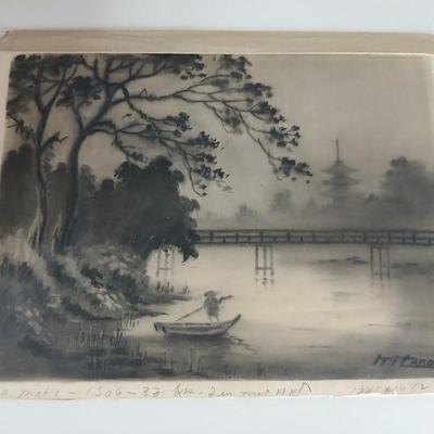 Vintage Japanese Ink Wash Painting on Rice Paper – Signed “Kitano”