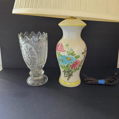 Vintage Floral Ceramic Lamp & Pressed Glass Vase – Home Decor Duo