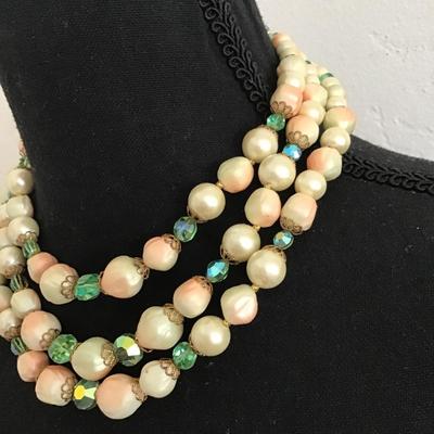 Gorgeous 3Strand Aurora Borealis Beautiful Clasp Peach and Ivory
