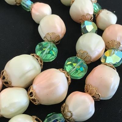 Gorgeous 3Strand Aurora Borealis Beautiful Clasp Peach and Ivory