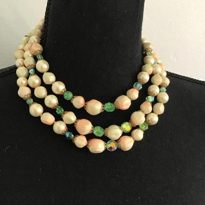 Gorgeous 3Strand Aurora Borealis Beautiful Clasp Peach and Ivory