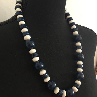 Vintage, white and dark blue beaded necklace
