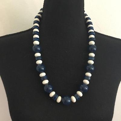 Vintage, white and dark blue beaded necklace