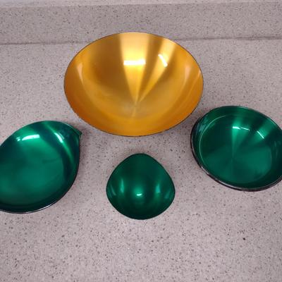 Denmark Enameled Jewel Tone Metal Bowls- Assorted Shapes and Sizes- Four Pieces