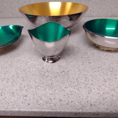 Denmark Enameled Jewel Tone Metal Bowls- Assorted Shapes and Sizes- Four Pieces