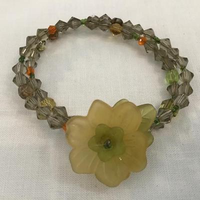 Vintage Crystal Beaded Bracelet Celluloid Flower accent
