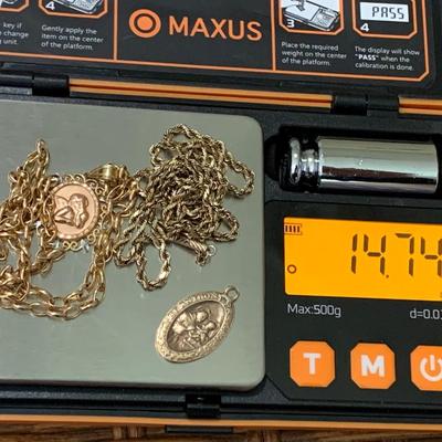 Two 14k Gold Religious Pendants + Two 14k Gold Chains