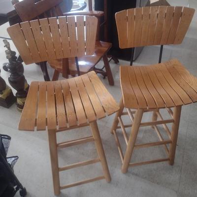 Pair of Vintage Stationary Wood Slat Bar Stools