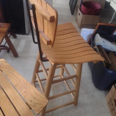 Pair of Vintage Stationary Wood Slat Bar Stools